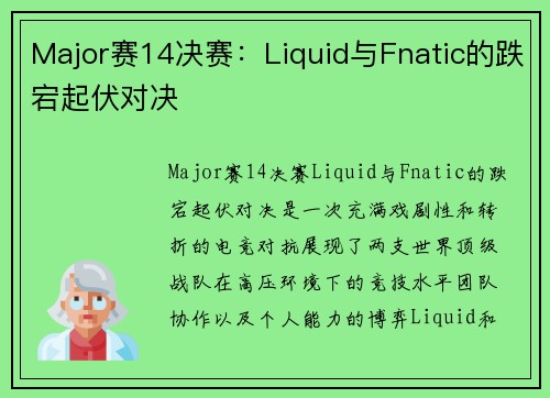 Major赛14决赛：Liquid与Fnatic的跌宕起伏对决